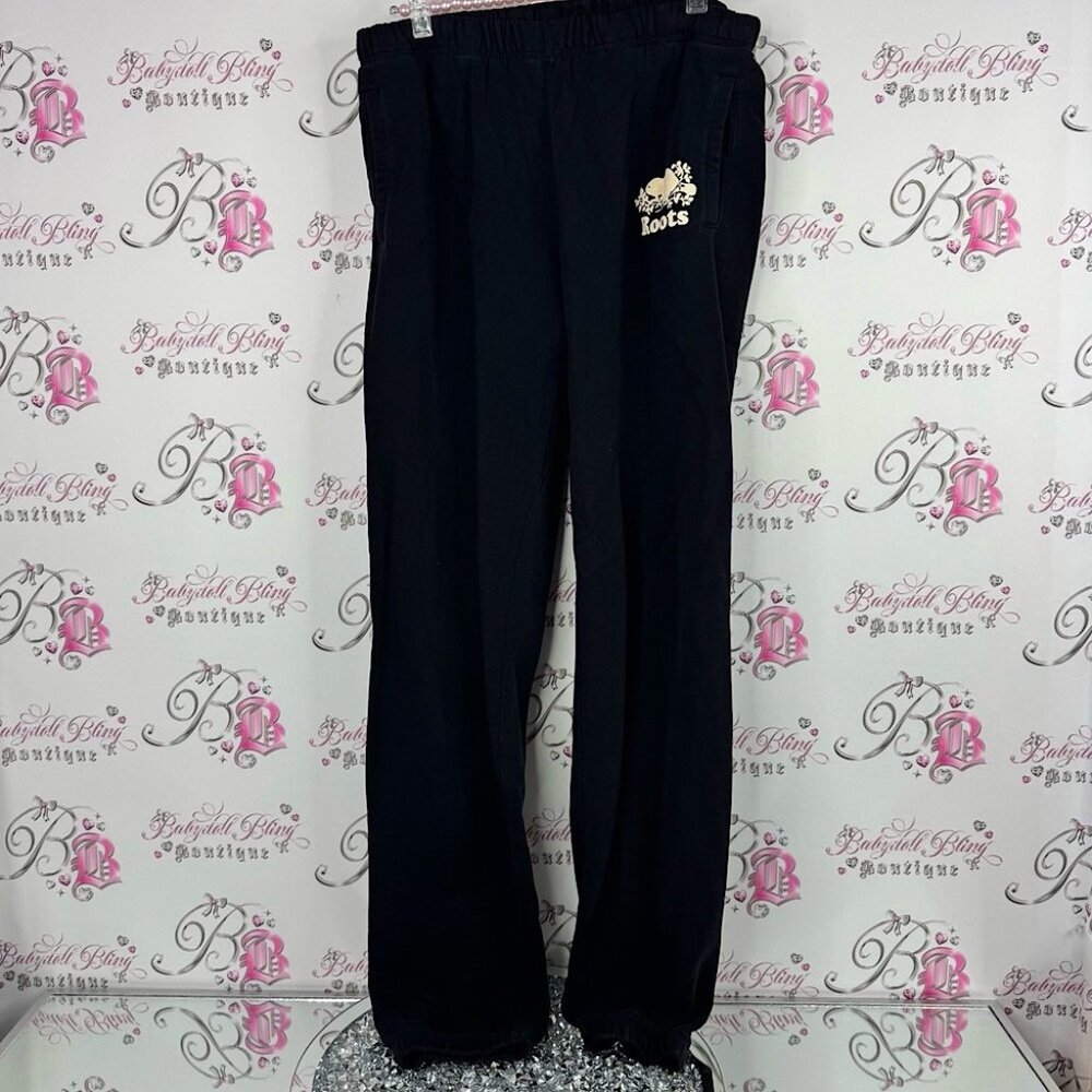 Roots pants logo on back Black Sweatpants with White Logo cuff bottoms